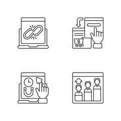 Web analytics linear icons set. Fixing broken links on your website. Getting lots of target web traffic. Customizable thin line contour symbols. Isolated vector outline illustrations. Editable stroke
