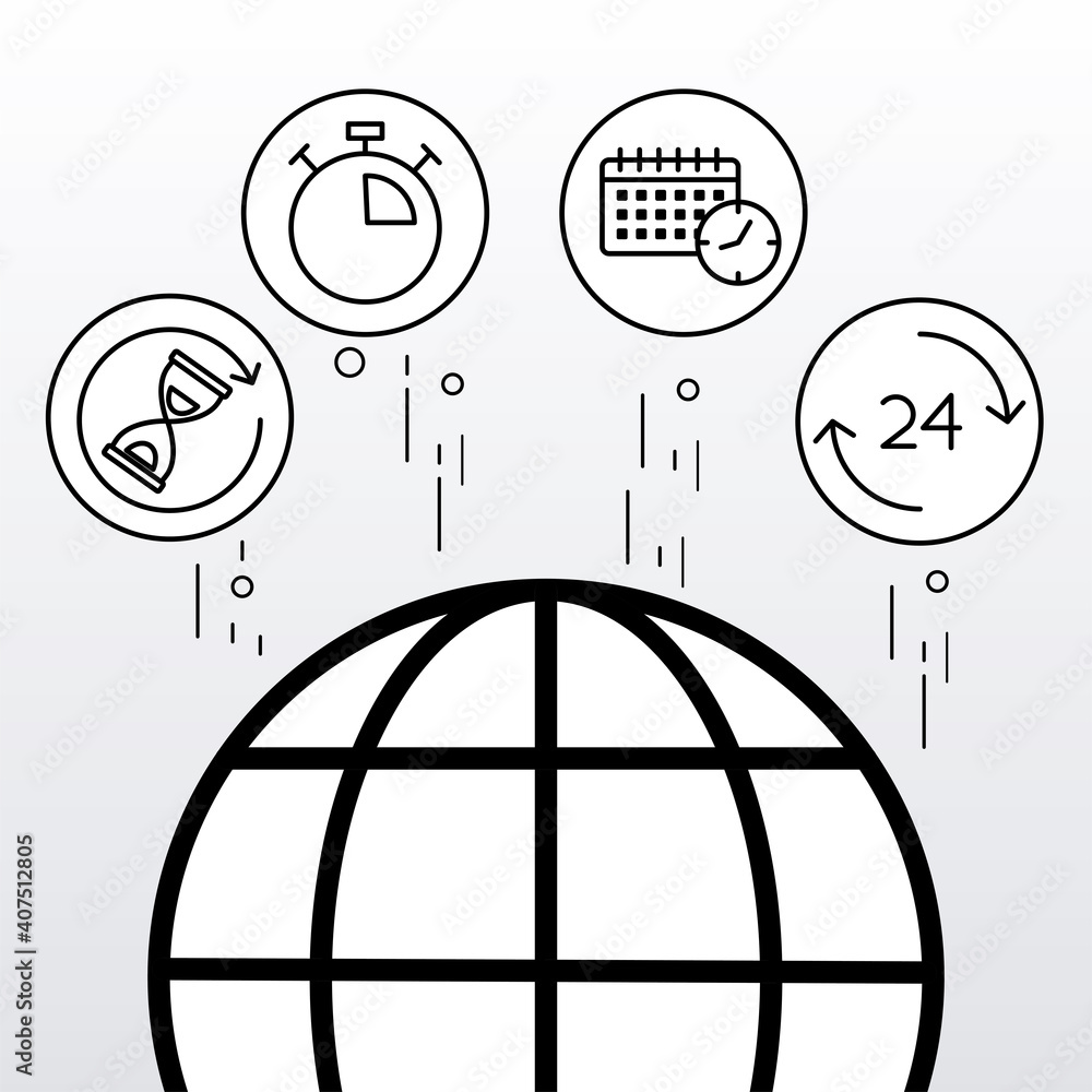 Poster bundle of five time clocks line style set icons