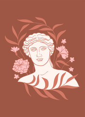 Abstract contemporary aesthetic background with classic marble woman goddess statue in modern style. Boho wall decor. Minimalist art print. Aphrodite Venus Portrait. Antique greek sculpture.