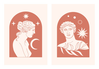 Abstract contemporary aesthetic background set with classic marble woman goddess statue in modern style. Boho wall decor. Minimalist art print. Aphrodite Venus Portrait. Antique greek sculpture. © Mystery Kit
