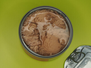Canned tuna fillet with natural liquid in a metal jar on a bright background, top view, flat layout. Tinned healthy seafood with omega, family scombridae, for long-term storage