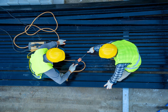 High angle view of construction worker in construction site.