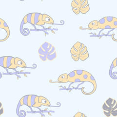 Seamless pattern. Cute chameleon. Childish soft colors animals illustration. Kawaii cartoon character chameleon. Baby doodle vector pattern. Hand drawn illustration for kids fabric, textile, wrapping