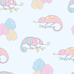 Seamless pattern. Cute chameleon. Childish soft colors animals illustration. Kawaii cartoon character chameleon. Baby doodle vector pattern. Hand drawn illustration for kids fabric, textile, wrapping