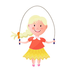 Blonde girl doing jump rope isolated on white background. Cartoon vector illustration.