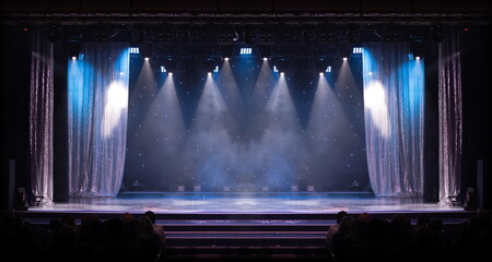 scene, stage light with colored spotlights and smoke