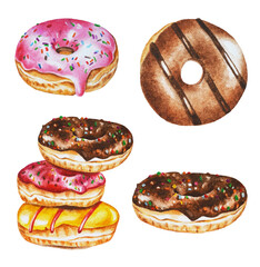 Donuts set on an isolated white background. Watercolor. Illustration. Template. Closeup. Hand drawn.