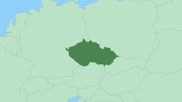 Map of Czech Republic with pin of country capital. Czech Republic Map with neighboring countries in green color.

