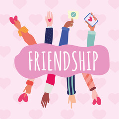 group of hands friendship lettering drawn style icon