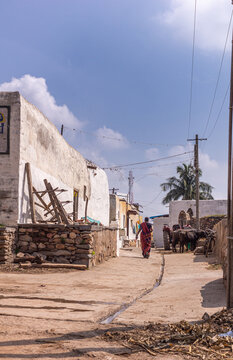 Lakundi, Karnataka, India - November 6, 2013: Typical side street with central gutter and white painted houses under blue cloudscape. Trash and black cows around. Walking woman in sari.