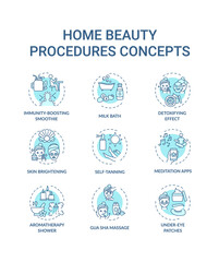Fototapeta na wymiar Home beauty procedures concept icons set. At-home spa activities idea thin line RGB color illustrations. Gua sha massage. Aromatherapy shower. Vector isolated outline drawings. Editable stroke
