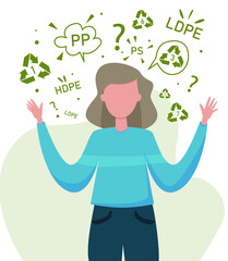 Girl, asking questions about the types of plastic and their meaning. Zero waste vector concept, template, design for banner, card, poster