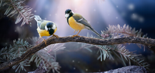 Fantasy Tit Birds sitting on fir tree branch in magical enchanted fairy tale dreamy Forest, fabulous Fairytale wood and cute songbirds, glowing moon rays in night. Beautiful Nature and Animals theme.