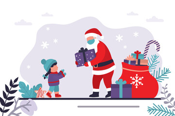 Father Christmas gives gift to child. Santa Claus in face mask delivers presents for children. Concept of prevention coronavirus and xmas celebration