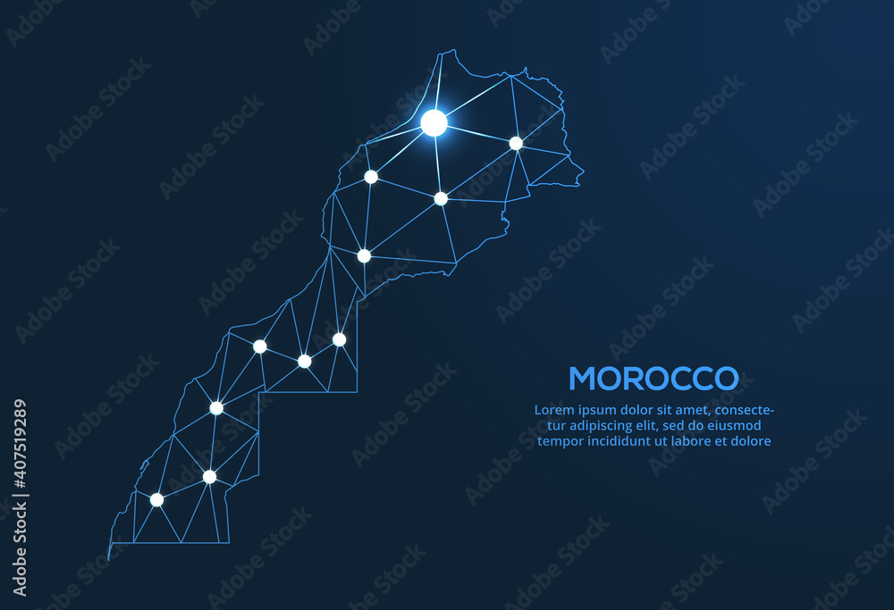 Poster morocco communication network map. vector low poly image of a global map with lights in the form of 