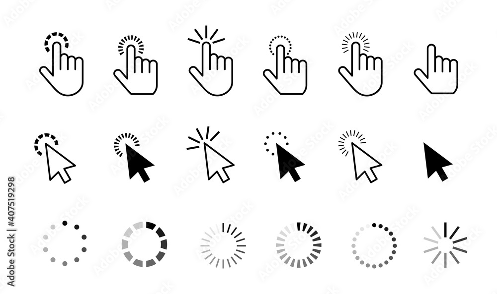 Fototapete arrow poiners and cursor in different variations. computer and web icons. loading signs