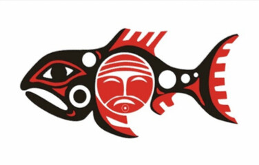 Flag of stylized Chinook salmon in the style of Northwest Coast Indian art appears in black and red on a field of white. 