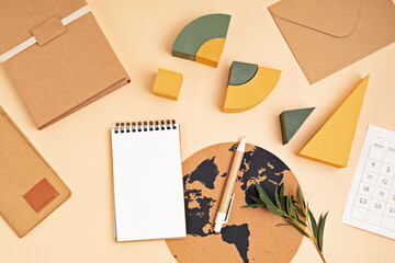 Desktop with clipboard and recyclable office supplies. Home office, social media blog, schedule,...
