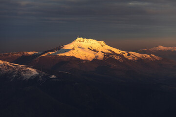 View of Larrun mountain covered by snow at a winter evening; Basque Country.