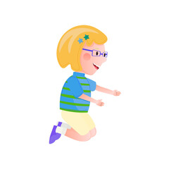 Little girl wearing glasses, shorts, striped t-shirt and sneackers kneeling. Cartoon vector illustration.