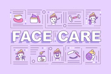 Face care word concepts banner. Infographics with linear icons on purple background. At home face care procedures. Isolated typography. Skin care products. Vector outline RGB color illustration