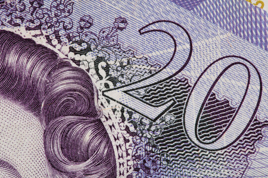 Closeup of 20 Pound sterling banknote