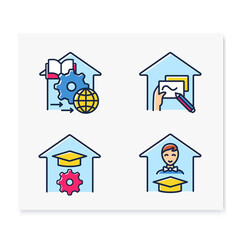 Homeschooling color line icons set .Benefits of schooling at home. Online education concept. Distant remote teaching and home schooling.Isolated vector illustrations 