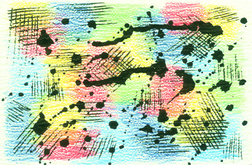 Multi-colored grunge watercolor background with ink black spots of paint with splashes.