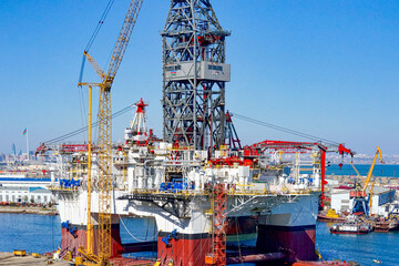 Azerbaijan, drilling platform near the coast.