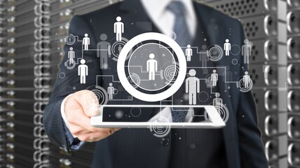 Businessman hand pressing button on virtual screens