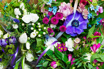 Top view of a beautiful and colorful bouquet of assorted flowers
