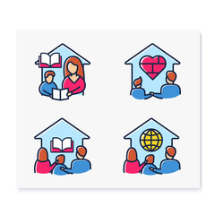 Obraz na płótnie Canvas Homeschooling color line icons set . Family together teaches his child. Online education concept. Distant remote teaching and home schooling. Isolated vector illustrations 