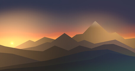 Fototapeta na wymiar Simple illustration of mountainous landscape with high mountains in sunset - 3d illustration