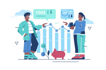 Financial management with team people vector illustration. Man and woman discuss finance problems, exchange rate, income level flat concept. Piggy bank, stock graphs. Analysis, money review idea