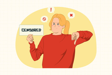 Dissatisfied young woman holding sign with CENSORED title, showing thumb down concept