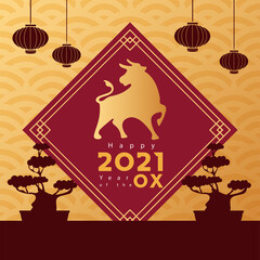 chinese new year poster with golden ox and bonsais