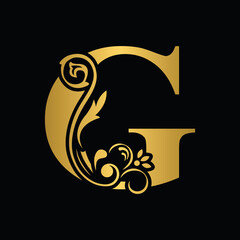 Golden letter G. flower letters. Vintage ornament initial Alphabet. Logo vector	
