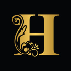 Golden letter H. flower letters. Vintage ornament initial Alphabet. Logo vector	
