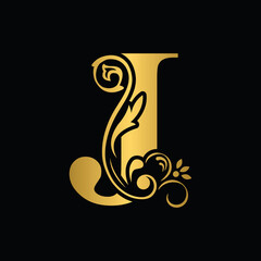 Golden letter J. flower letters. Vintage ornament initial Alphabet. Logo vector	
