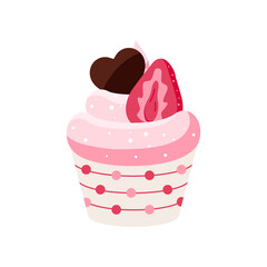 Valentines day cupcake icon isolated on white background. Cute sweets food - party homemade muffin with chocolate heart and strawberry in paper. Flat design cartoon style dessert vector illustration.