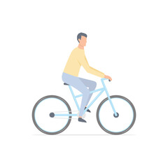 Young man rides bicycle. Cartoon guy on bicycle. Healthy lifestyle concept. Vector illustration isolated on white