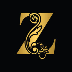 Golden letter Z. flower letters. Vintage ornament initial Alphabet. Logo vector	
