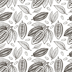 seamless pattern of cocoa beans, branch and leaves on white background