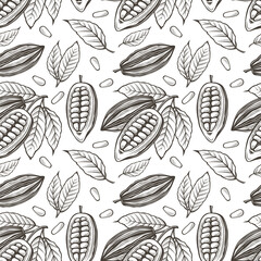 seamless pattern of cocoa beans, branch and leaves on white background