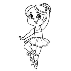 Beautiful ballerina girl in tutu dancing on one leg in pointe shoes outlined for coloring isolated on a white background