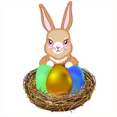 Traditional cute Easter bunny with a nest with three multi-colored eggs on white background.