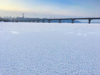 Frozen Dnipro river Kyiv, Ukraine