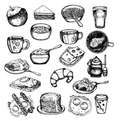 Breakfast set.  Vector. Black and white drawing. Drawn illustrations. Isolated on white background