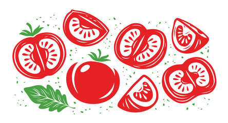 Collection of fresh red tomatoes. Half, slice of tomato