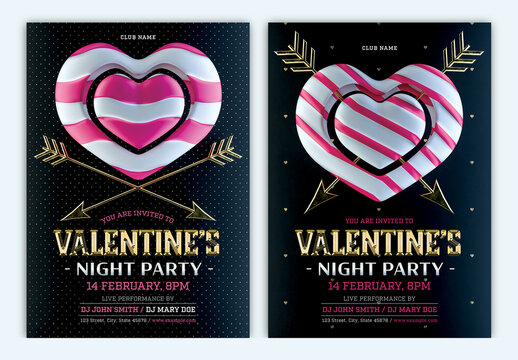 Valentine's Day Party Flyer Design with Gold Typography and 3D Heart on Black Background